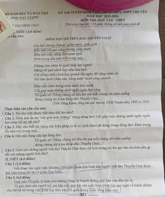 Đề thi vào lớp 10 môn Văn Hậu Giang năm 2025