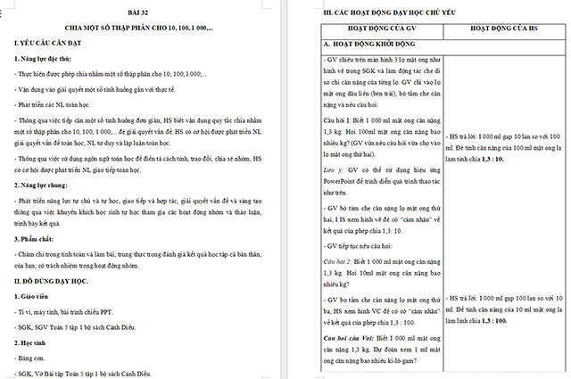 Giáo án Toán 5 Chia một số thập phân cho 10, 100, 1000,…