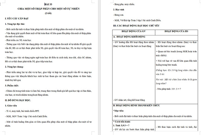 Giáo án Toán 5 Chia một số thập phân cho một số tự nhiên