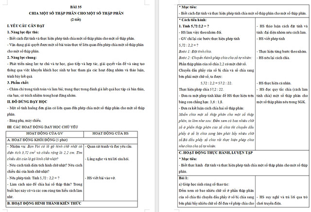 Giáo án Toán 5 Chia một số thập phân cho một số thập phân