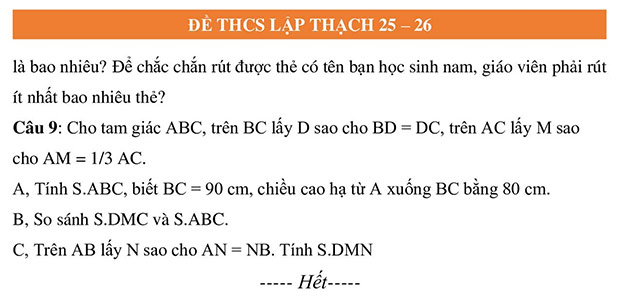 Đề thi vào lớp 6 môn Toán trường THCS Lập Thạch