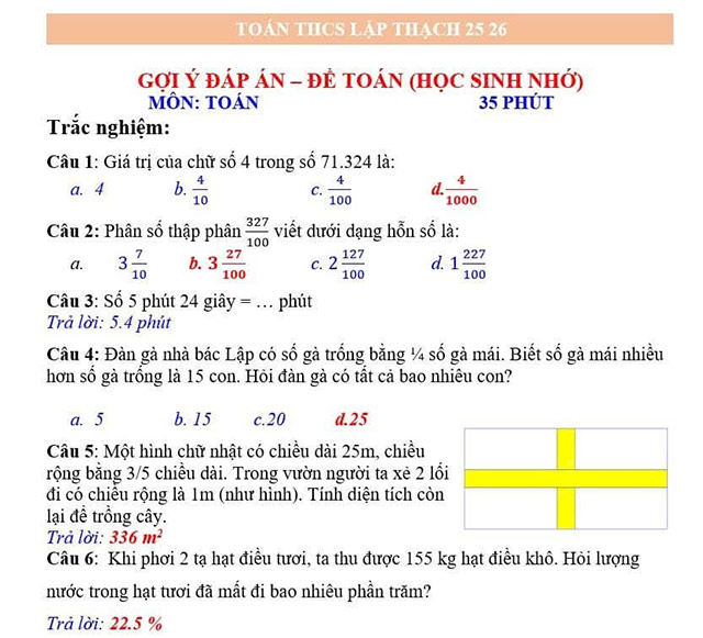 Đề thi vào lớp 6 môn Toán trường THCS Lập Thạch