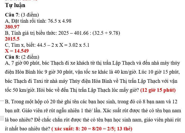 Đề thi vào lớp 6 môn Toán trường THCS Lập Thạch