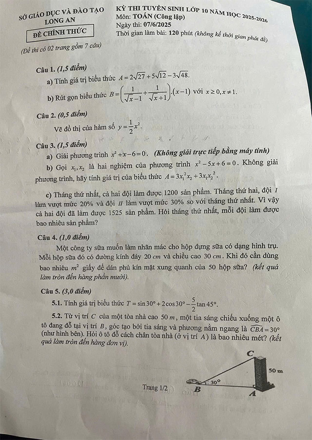 Đề thi vào lớp 10 môn Toán Long An năm 2025
