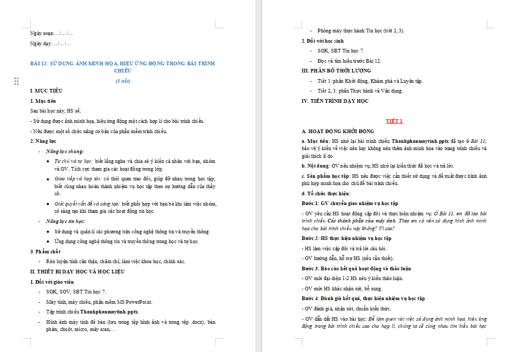 Giáo án Tin học 7 Bài 12