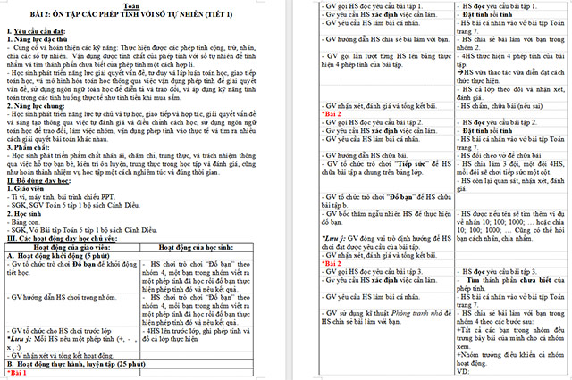 Giáo án Toán 5 Ôn tập về các phép tính với số tự nhiên