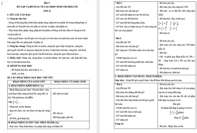 Giáo án Toán 5 Ôn tập và bổ sung và các phép tính với phân số