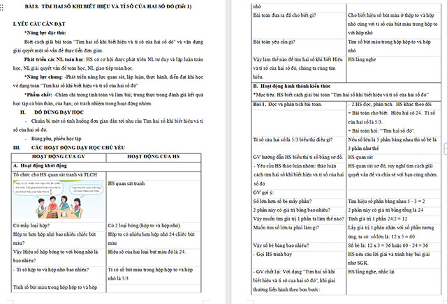 Giáo án Toán 5 Tìm hai số khi biết hiệu và tỉ số của hai số đó