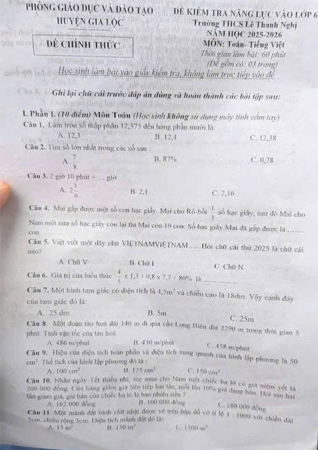 Đề thi vào lớp 6 trường THCS Lê Thanh Nghị