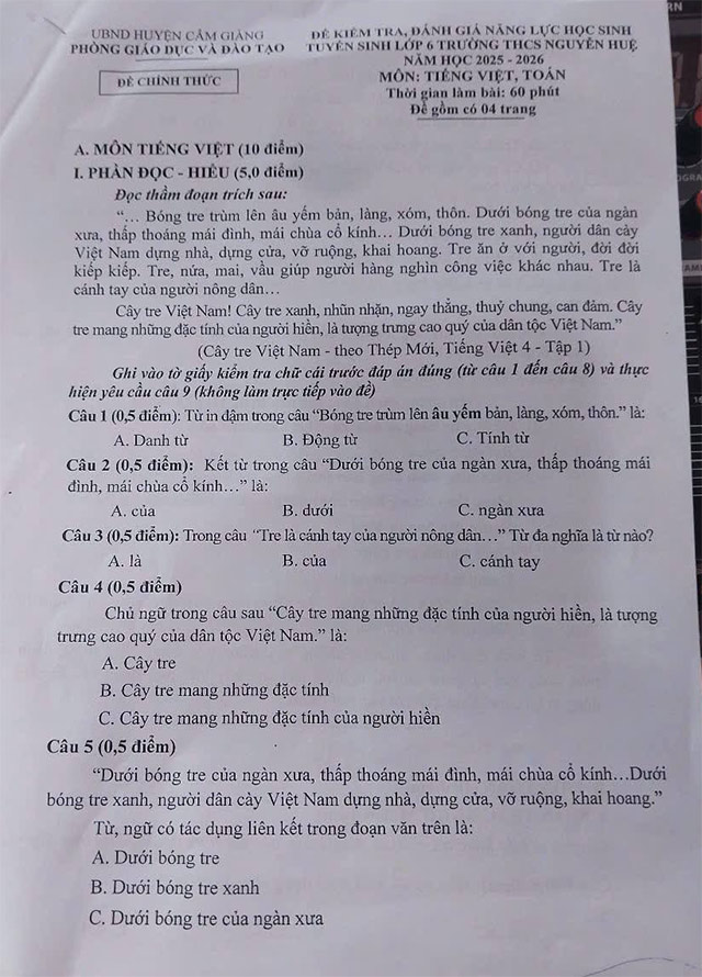 Đề thi vào lớp 6 trường THCS Nguyễn Huệ