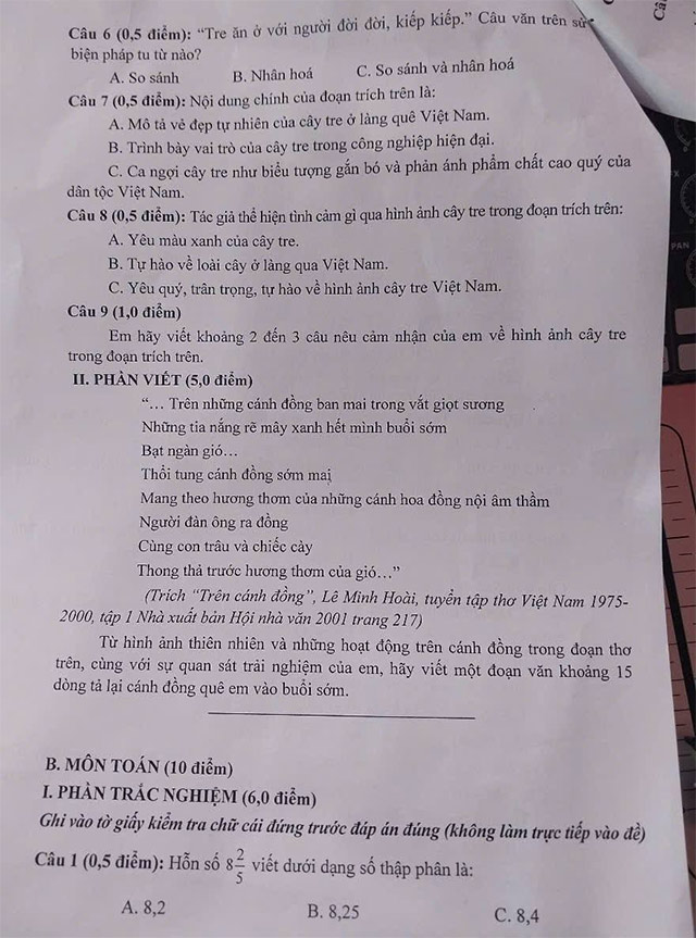 Đề thi vào lớp 6 trường THCS Nguyễn Huệ