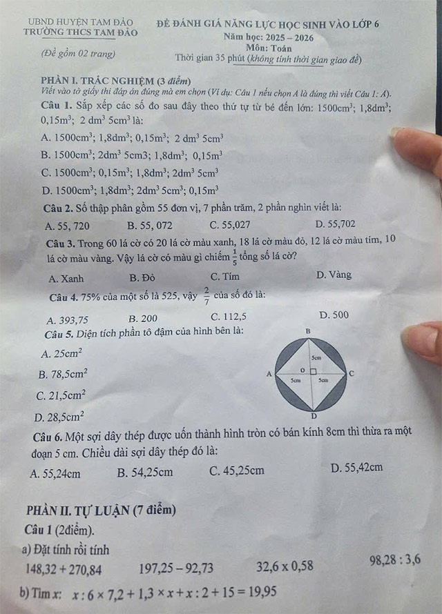 Đề thi vào lớp 6 môn Toán trường THCS Tam Đả