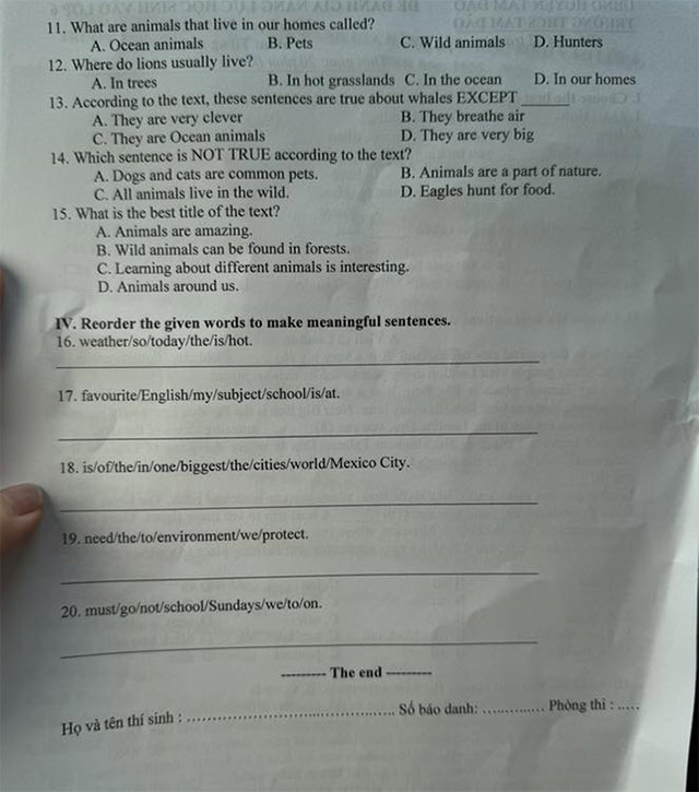 Đề thi vào lớp 6 môn Tiếng Anh trường THCS Tam Đảo