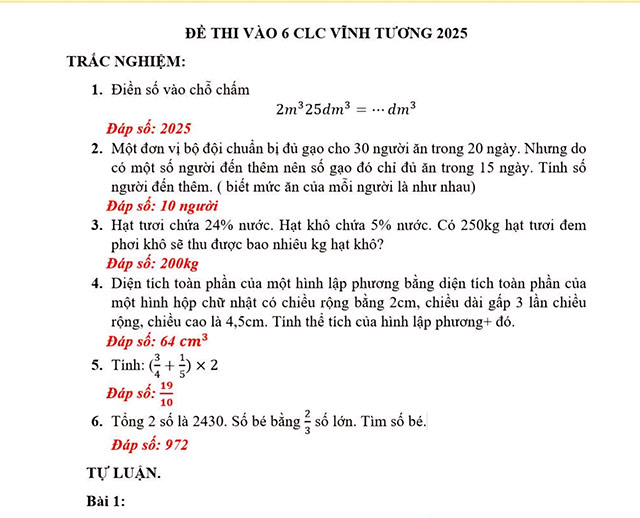Đề thi và đáp án vào lớp 6 môn Toán trường THCS Vĩnh Tường