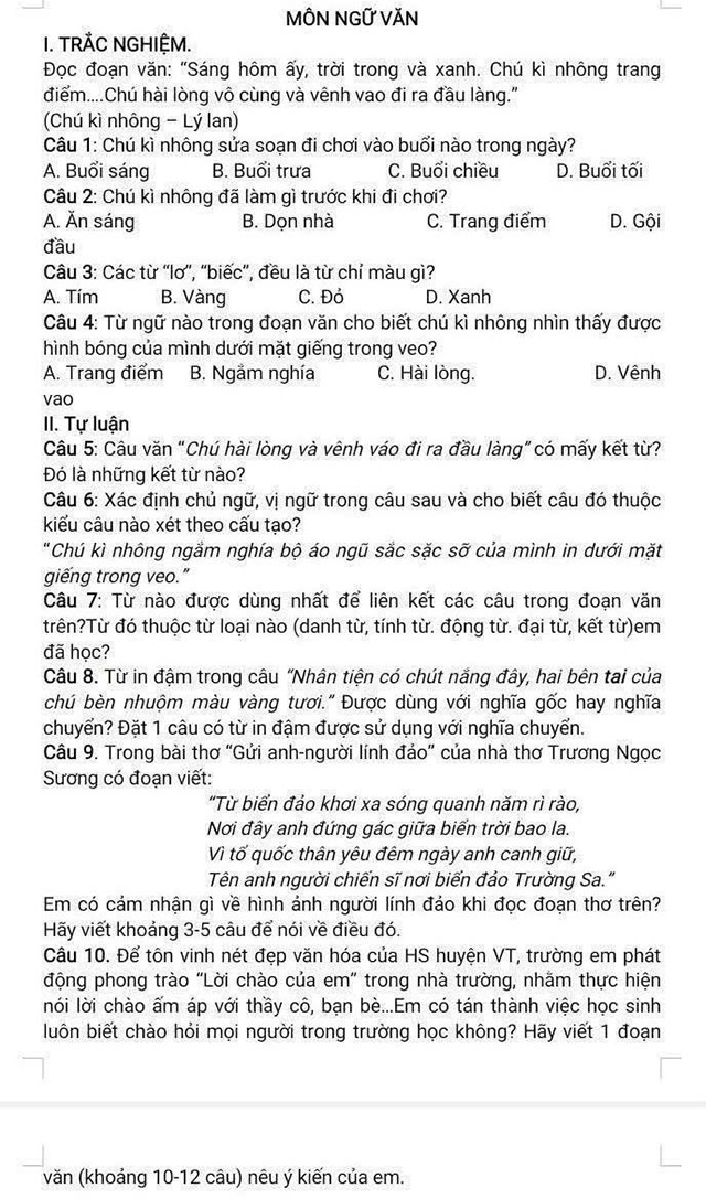 Đề thi vào lớp 6 môn Tiếng Việt trường THCS Vĩnh Tường