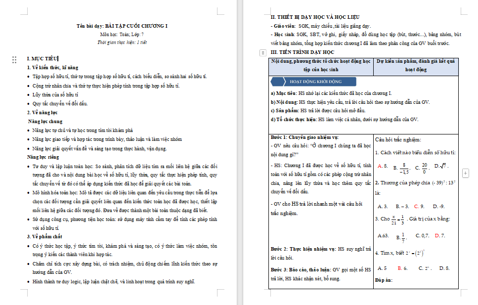 Giáo án Toán 7 Bài tập cuối chương 1