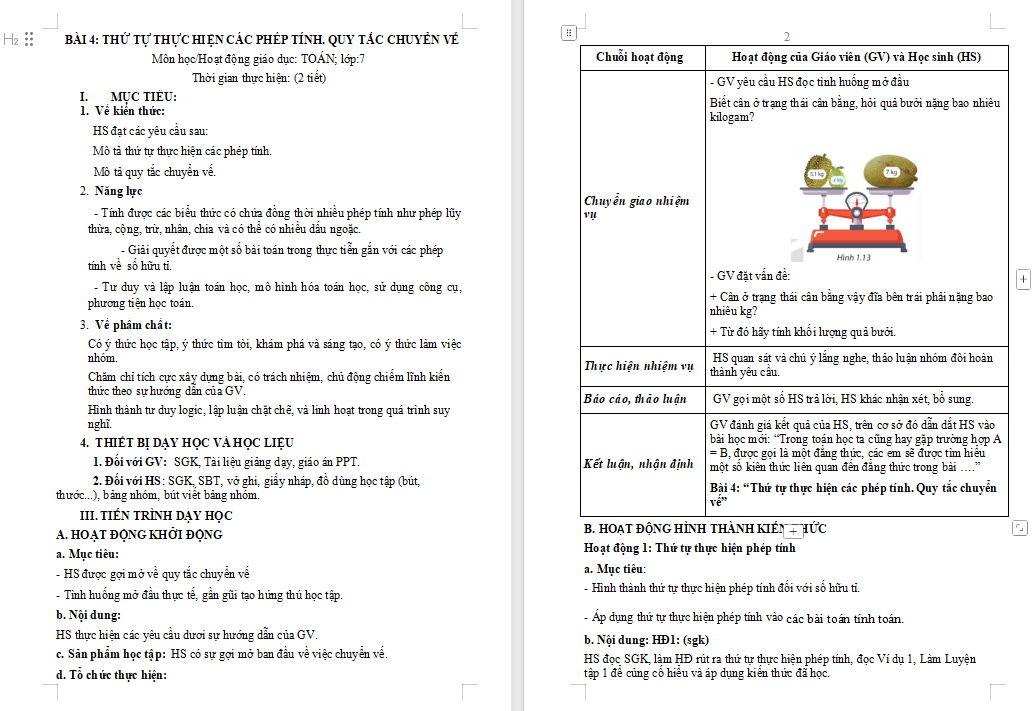  Thứ tự thực hiện các phép tính Quy tắc chuyển vế