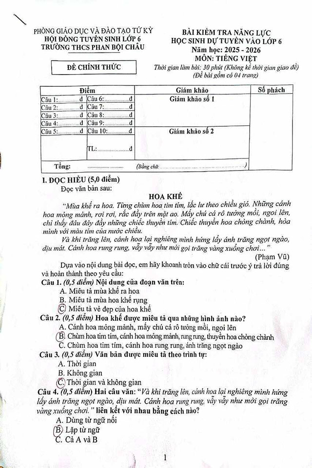 Đề thi vào lớp 6 môn Tiếng Việt THCS Phan Bội Châu