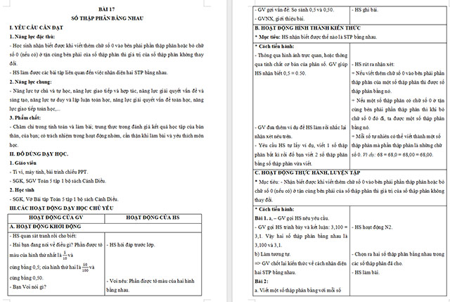 Giáo án Toán 5 Số thập phân bằng nhau