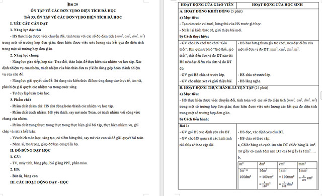 Giáo án Toán 5 Ôn tập về các đơn vị đo diện tích đã học