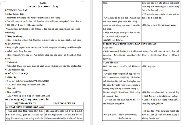 Giáo án Toán 5 Ki-lô-mét vuông