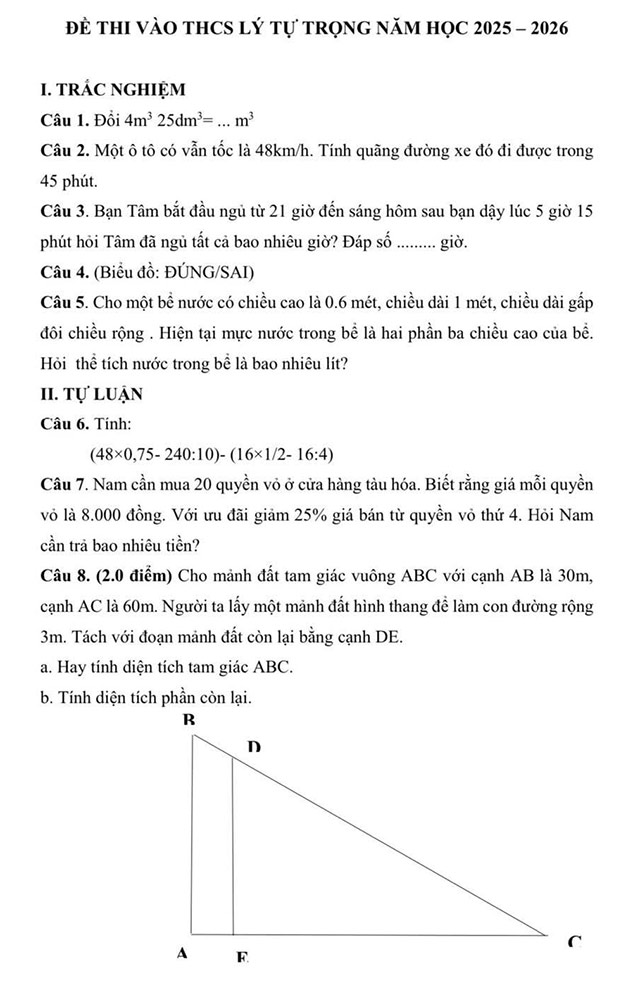 Đề thi vào lớp 6 môn Toán trường THCS Lý Tự Trọng
