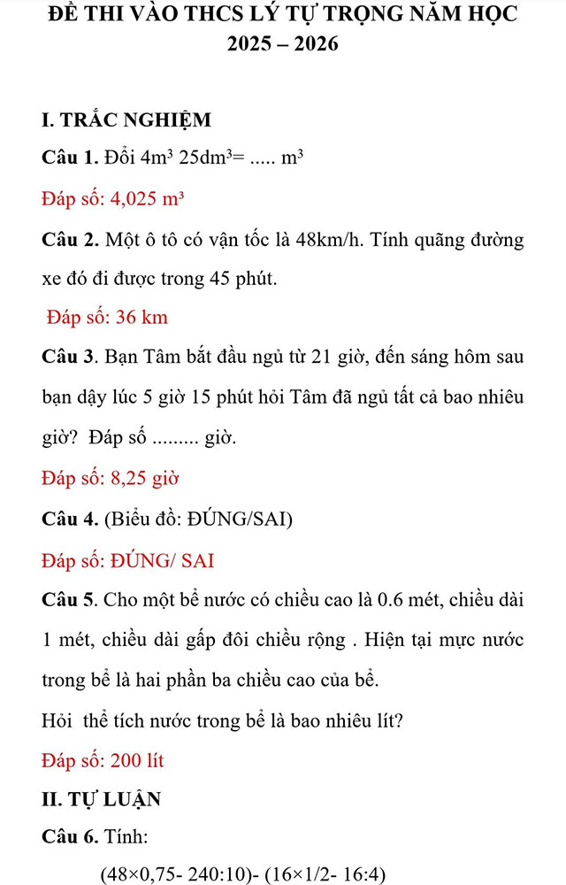 Đề thi vào lớp 6 môn Toán trường THCS Lý Tự Trọng