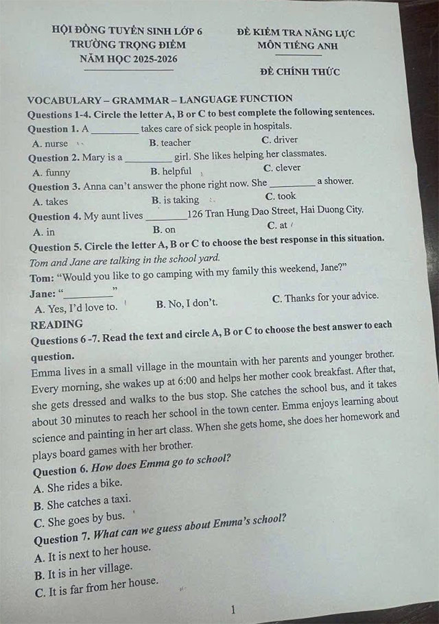 Đề và đáp án thi vào lớp 6 môn Tiếng Anh trường THCS Trọng điểm Hải Dương