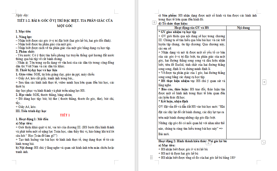 Góc ở vị trí đặc biệt Tia phân giác của một góc