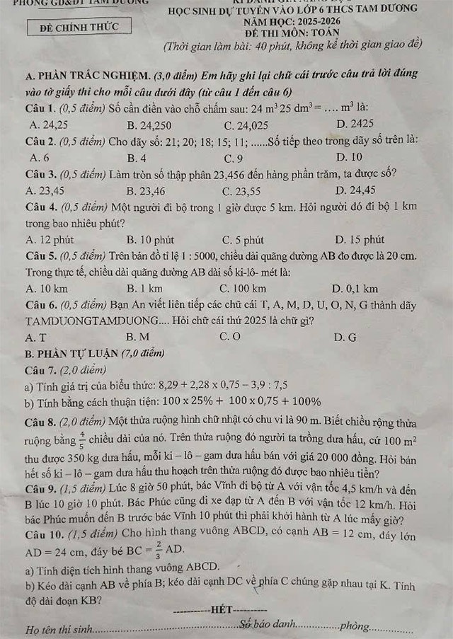 Đề thi vào lớp 6 môn Toán trường THCS Tam Dương