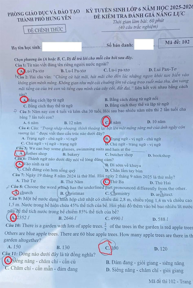 Đề thi vào lớp 6 CLC Thành phố Hưng Yên