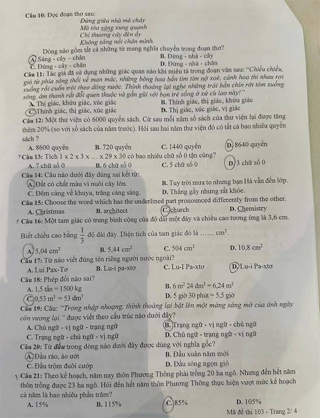Đề thi vào lớp 6 CLC Thành phố Hưng Yên