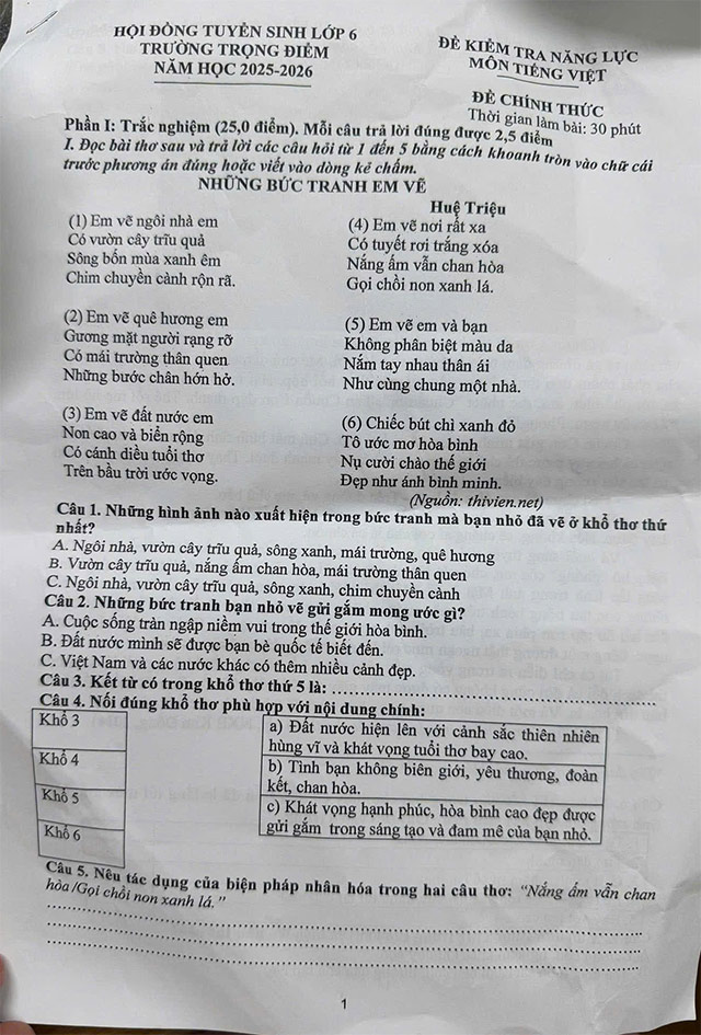 Đề thi vào lớp 6 môn Tiếng Việt trường THCS Trọng điểm Hải Dương