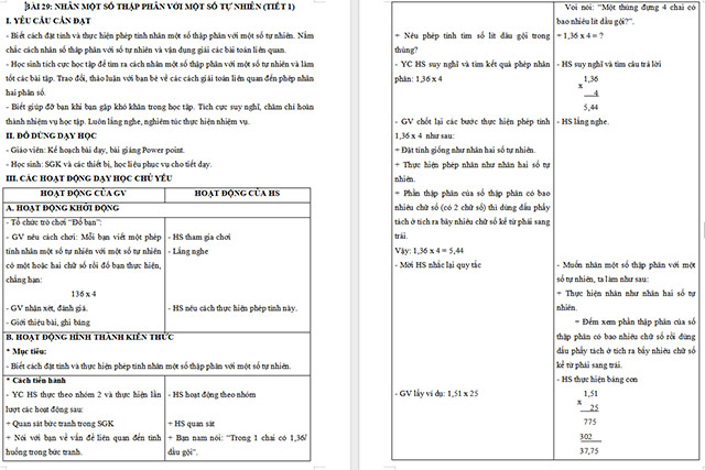 Giáo án Toán 5 Nhân một số thập phân với một số tự nhiên