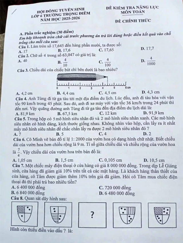 Đề thi vào lớp 6 môn Toán trường THCS Trọng điểm Hải Dương