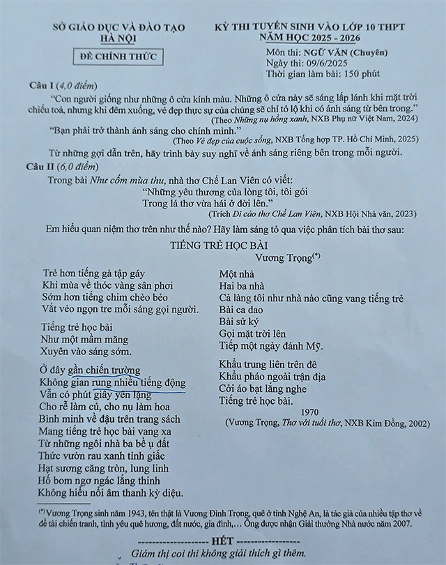 Đề thi vào 10 chuyên Văn Hà Nội 2025