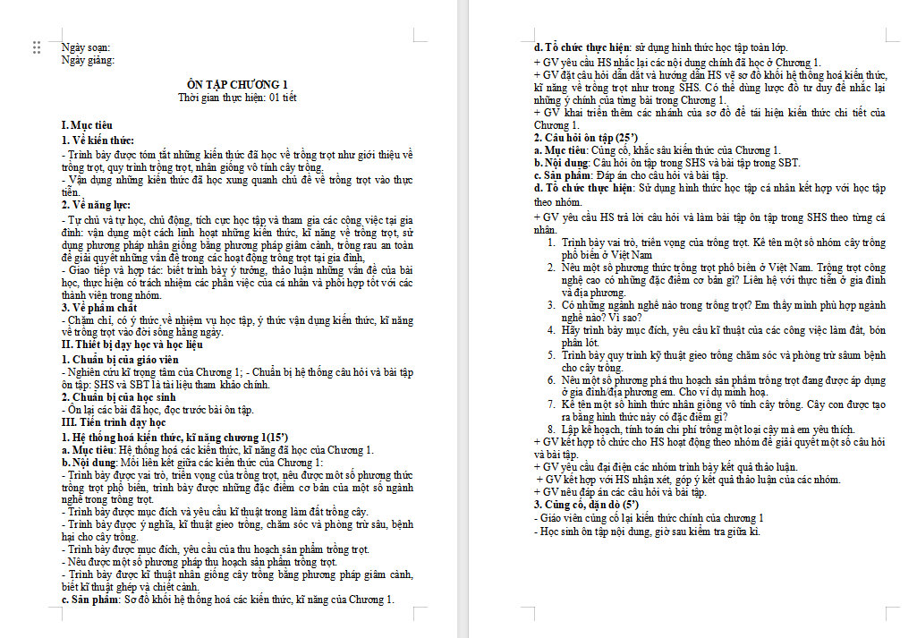 Công nghệ 7 Ôn tập chương 1