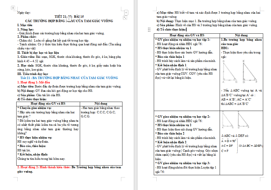 Các trường hợp bằng nhau của tam giác vuông