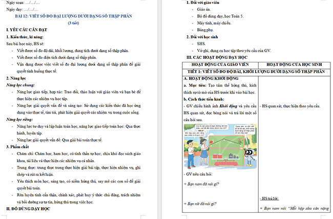 Giáo án Toán 5 Viết số đo đại lượng dưới dạng số thập phân