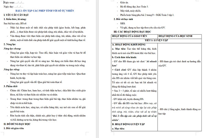 Giáo án Toán 5 Ôn tập các phép tính với số tự nhiên