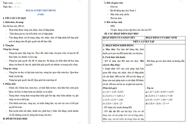 Giáo án Toán 5 Luyện tập chung