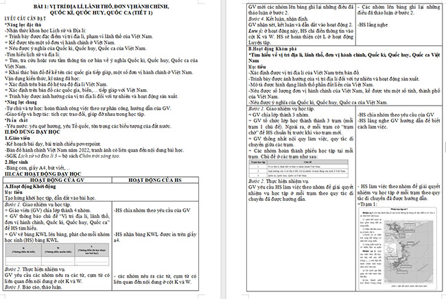 Giáo án Lịch sử - Địa lí 5 Vị trí địa lí, lãnh thổ, đơn vị hành chính, Quốc kì, Quốc huy, Quốc ca