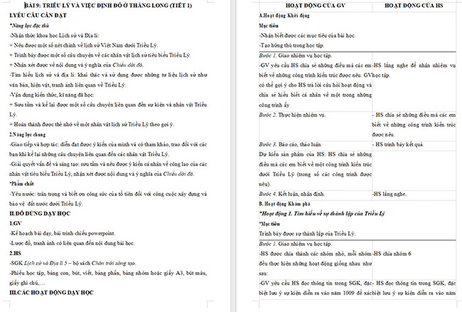 Giáo án Lịch sử - Địa lí 5 Triều Lý và việc định đô ở Thăng Long