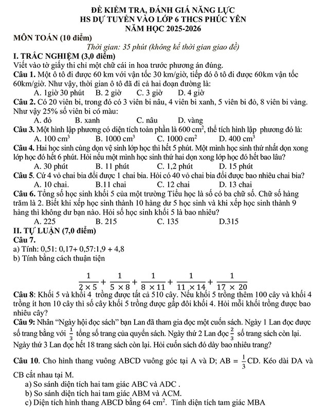 Đề thi vào lớp 6 môn Toán trường THCS Phúc Yên