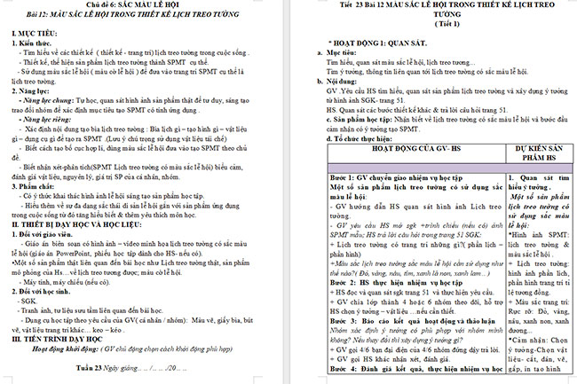 Giáo án Mĩ thuật 6 Màu sắc lễ hội trong thiết kế lịch treo tường