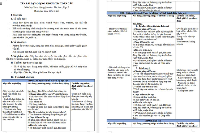 Giáo án Tin học 6 Mạng thông tin toàn cầu