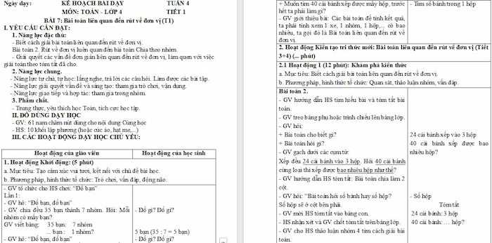 Giáo án Toán 4: Bài toán liên quan đến rút về đơn vị (tiếp theo)