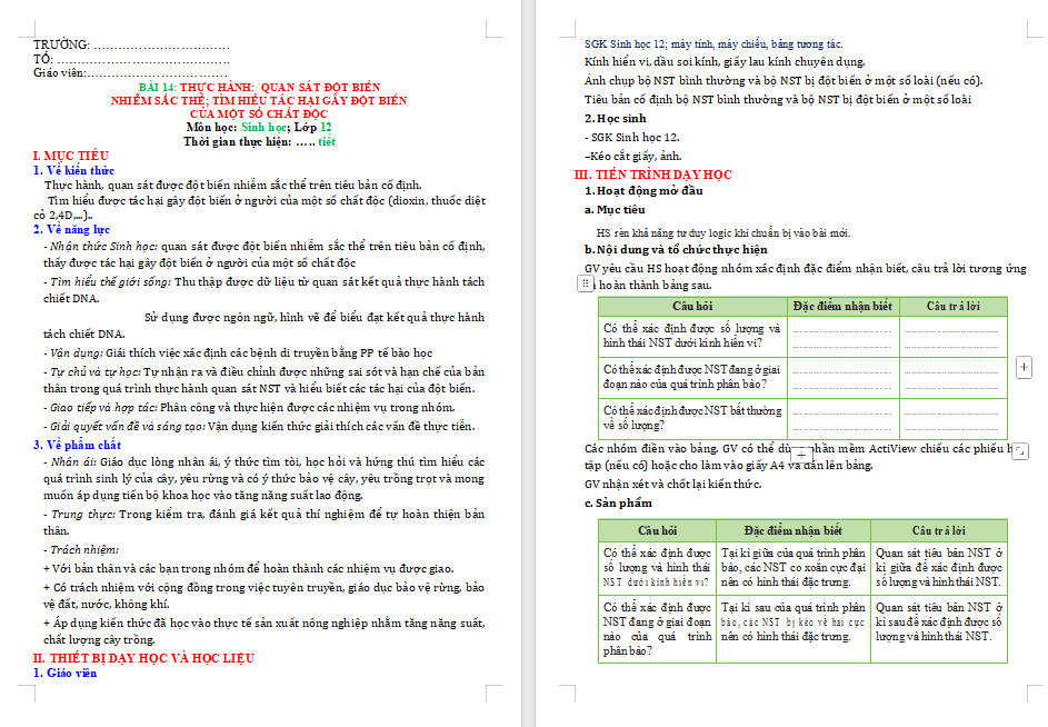 Thực hành Quan sát một số dạng đột biến nhiễm sắc thể