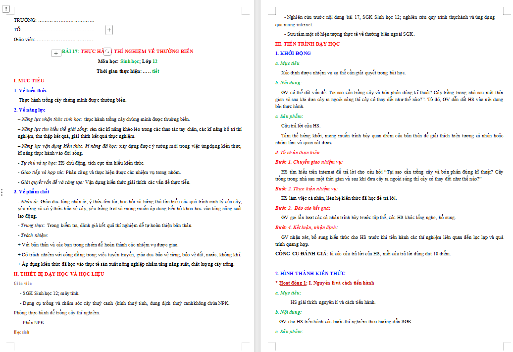 Thực hành Thí nghiệm về thường biến ở cây trồng
