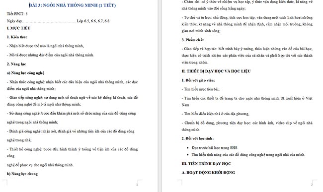 Giáo án Công nghệ 6 Ngôi nhà thông minh